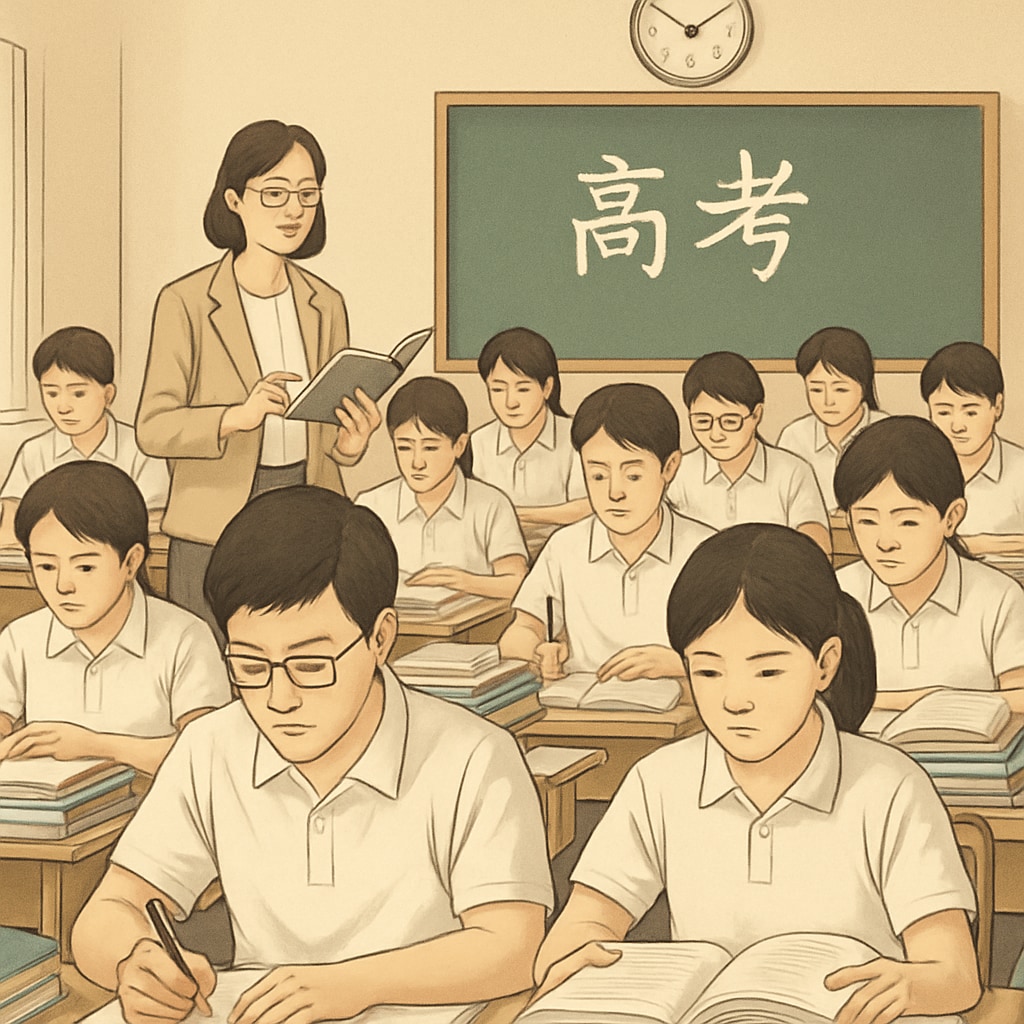 A classroom of Chinese students preparing for the gaokao, showcasing focus and discipline. Chinese students studying for gaokao, reflecting academic pressure and elite education.