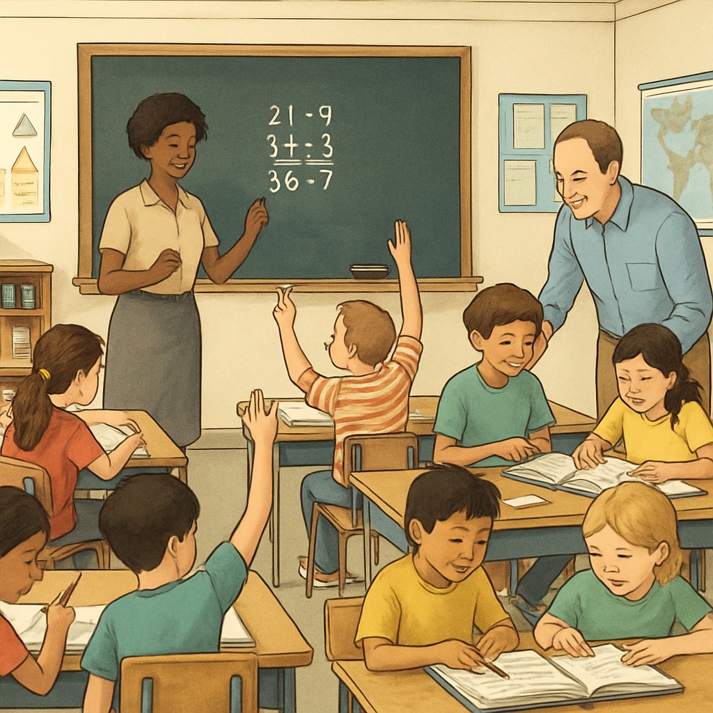 Public school classroom showcasing students and teachers working together, highlighting education funding and voucher impact.