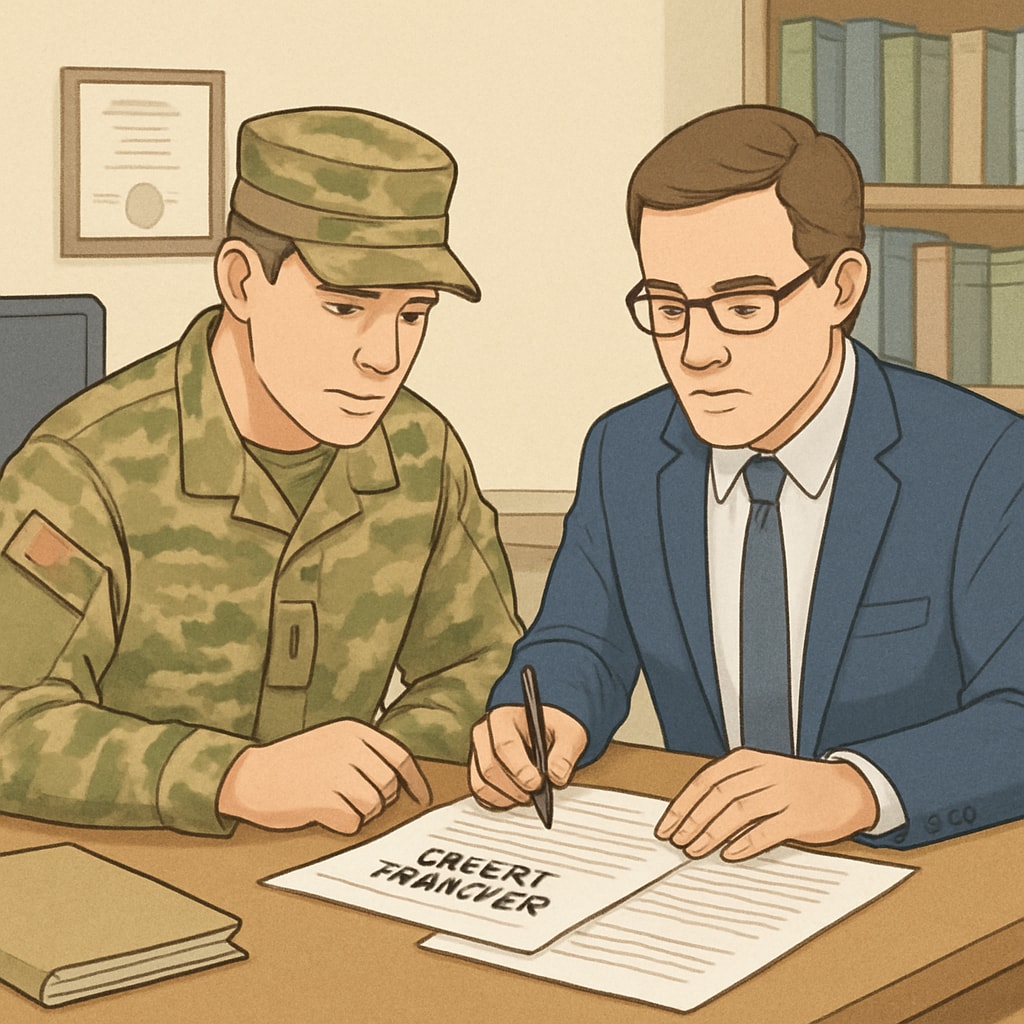 A military veteran reviewing credit transfer documents with an academic advisor. Military veteran discussing credit transfer for automotive technology degree.