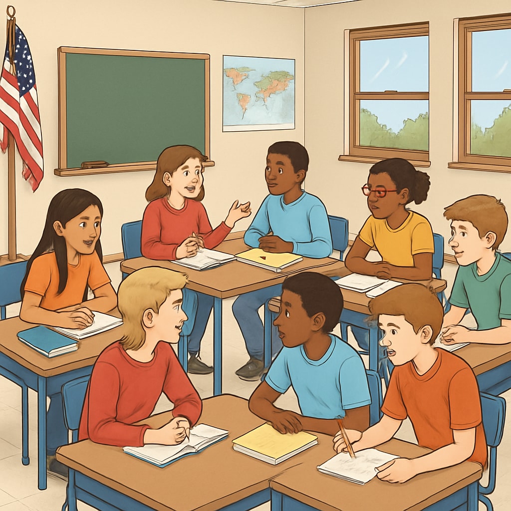 An American classroom where students are engaged in group discussions, symbolizing collaboration and individuality. American students in a collaborative classroom setting, showcasing individuality and equal opportunities.