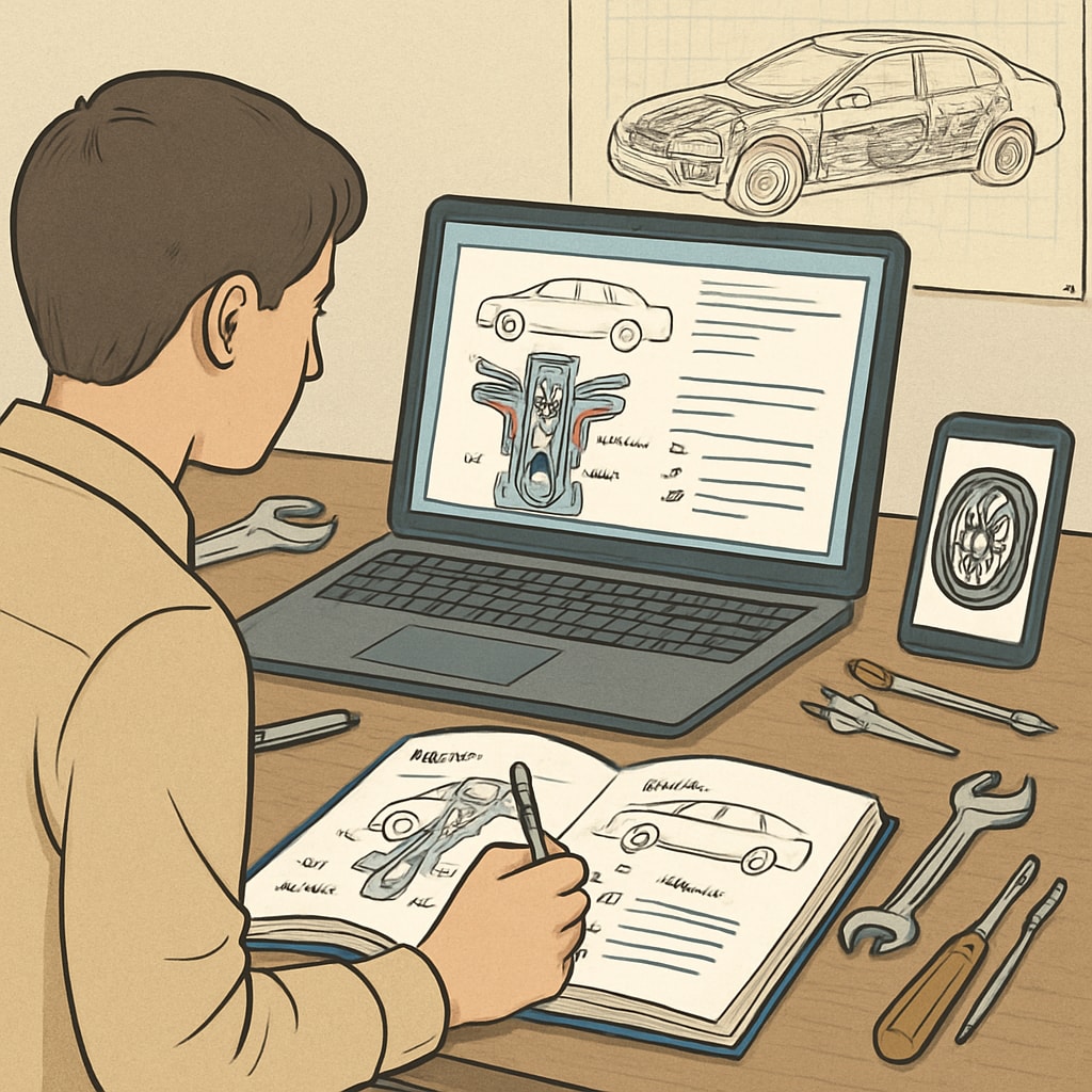 A student studying automotive engineering concepts using online resources. Student exploring bachelor's degree options in automotive engineering.