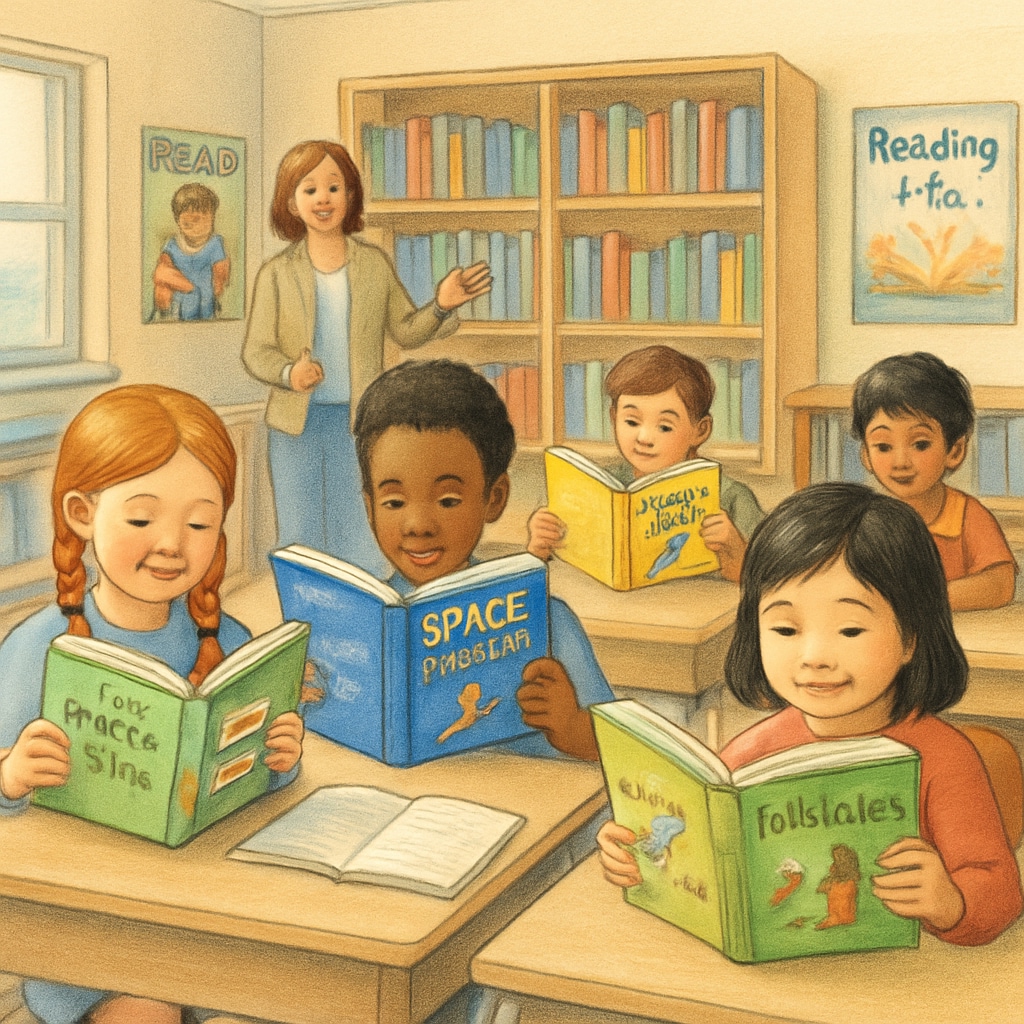 An elementary classroom with children reading diverse books, fostering a love for reading. Elementary students reading books to develop comprehension skills, alternatives to A.R. points.