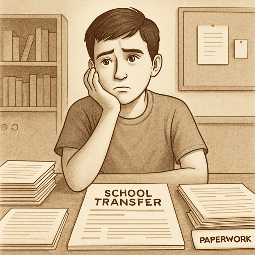 A concerned student sitting at a desk surrounded by school transfer documents, symbolizing the challenges of navigating school district miscommunication. Student reviewing school transfer paperwork, facing barriers in school choice and district communication.
