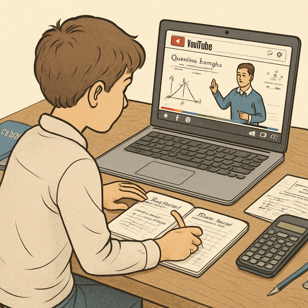 A young student studying math concepts on a laptop, with YouTube open on the screen. The student appears focused, surrounded by notes and a calculator. Student learning math aptitude concepts on YouTube for campus recruitment.