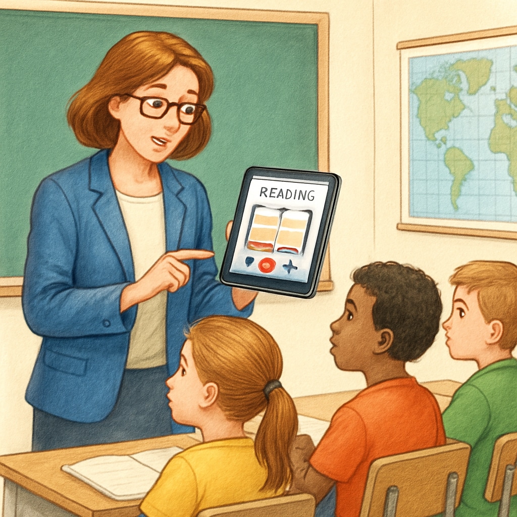 A teacher using a tablet to show interactive reading resources to students in a classroom. Teacher demonstrating free digital tools for reading comprehension to elementary students.