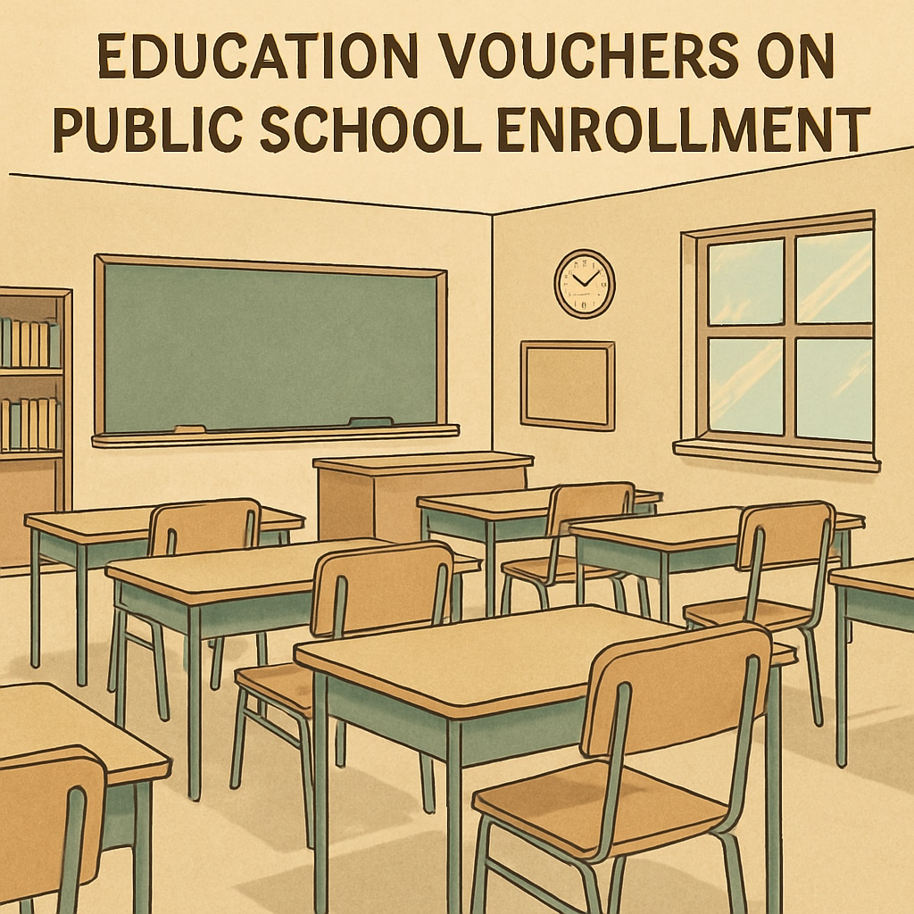 A classroom with empty desks, symbolizing the impact of education vouchers on public school enrollment due to student migration. An empty classroom representing the challenges of education vouchers for public school enrollment.