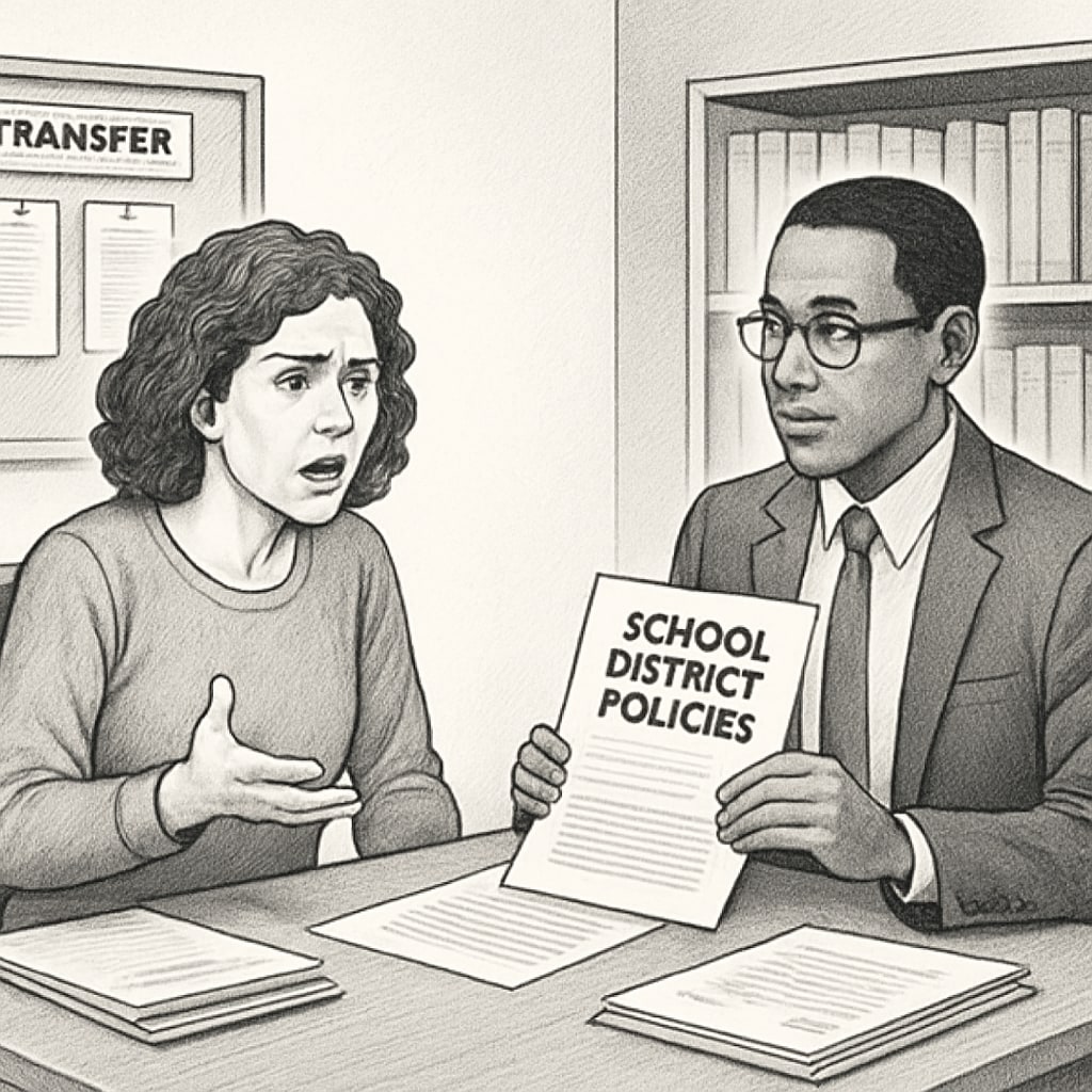 An administrator reviewing school district policies with a frustrated parent, illustrating the difficulties families face during school transfer procedures. Parent and administrator discussing school policies related to district transfer challenges.