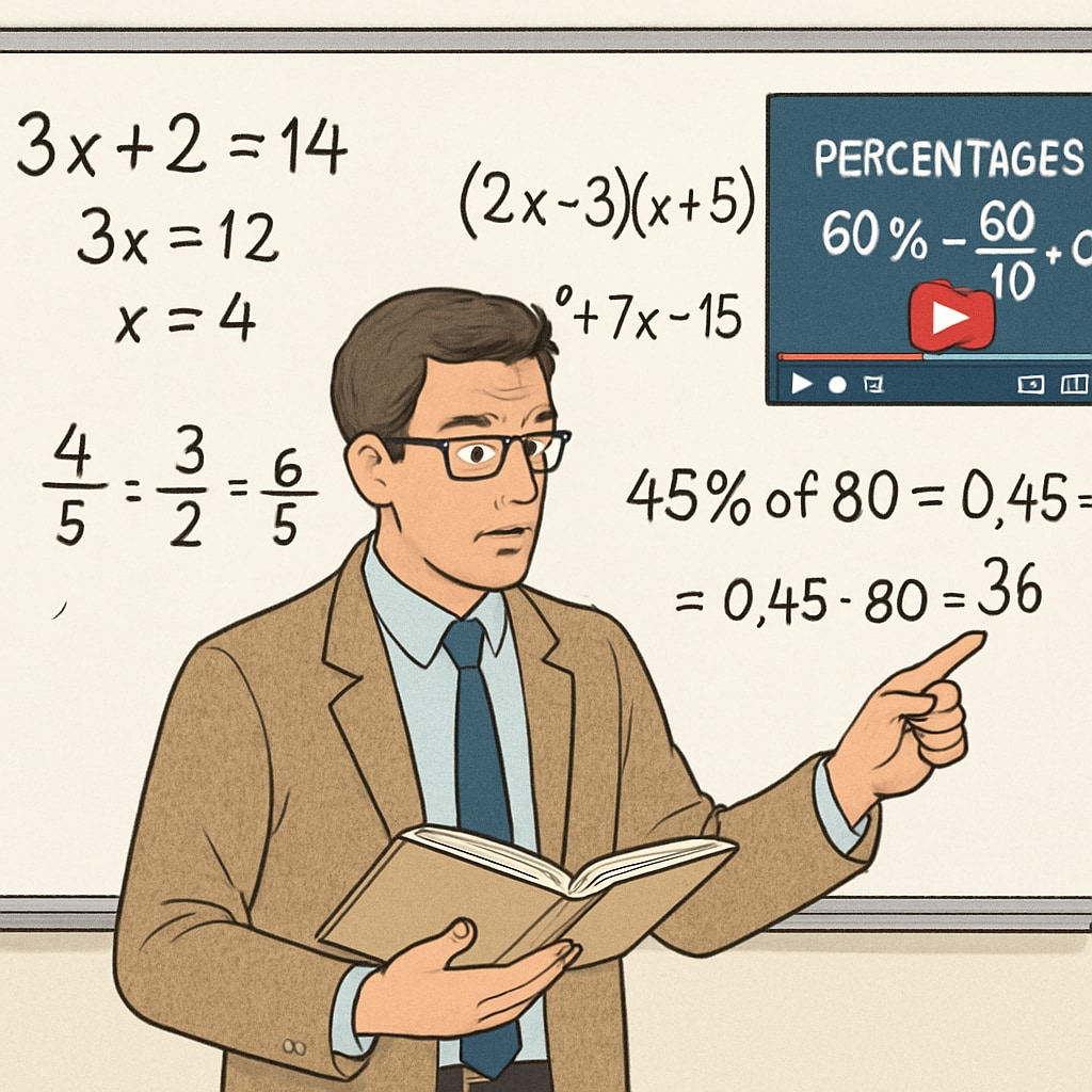 A teacher explaining math problems on a whiteboard, with a YouTube video playing in the corner. The video features a math tutorial about percentages. Teacher teaching math aptitude concepts using YouTube resources.