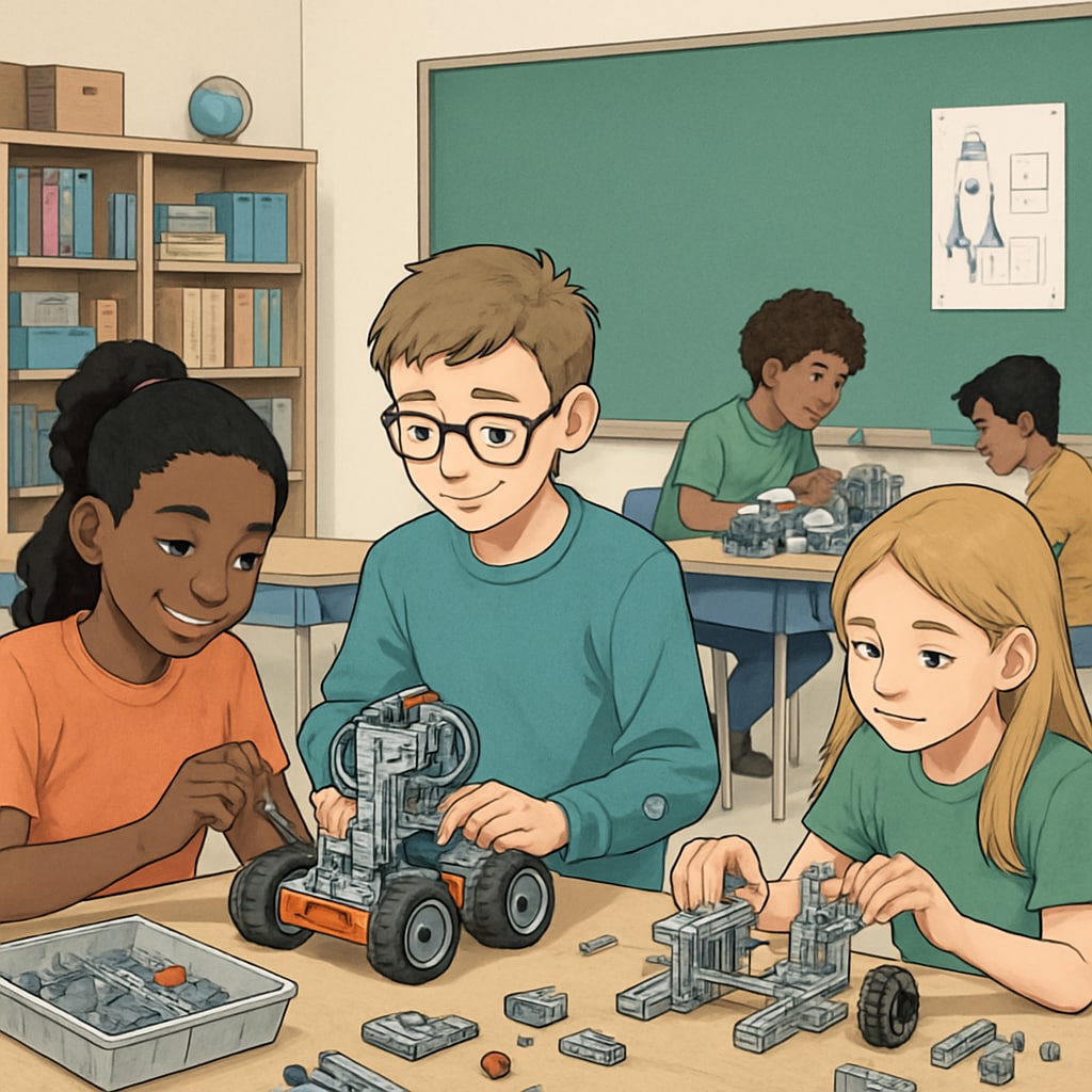 Students in a public school classroom working on robotics kits, showcasing STEM-focused programs as a strategy for student retention. Public school STEM program with students using robotics kits.