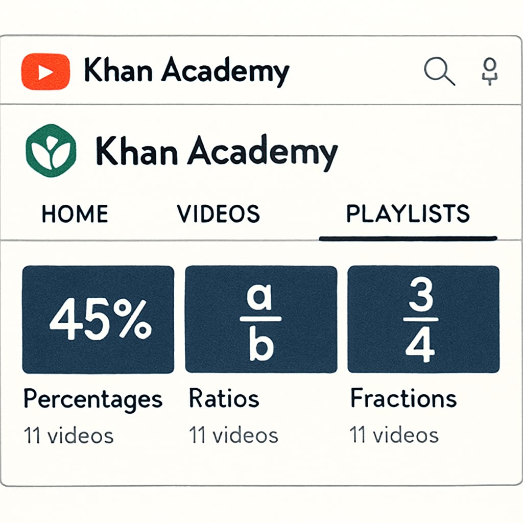 A screenshot of Khan Academy's YouTube channel showcasing math tutorial playlists, with playlists labeled Screenshot of Khan Academy math tutorials on YouTube for campus recruitment math test preparation.
