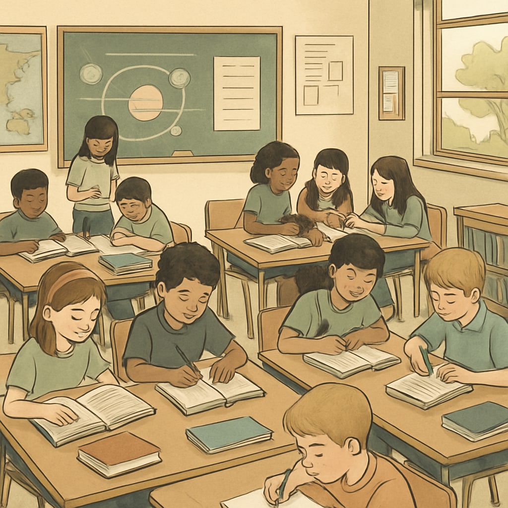 A classroom in a public school with students actively engaged in learning activities. Public school classroom with engaged students discussing projects.