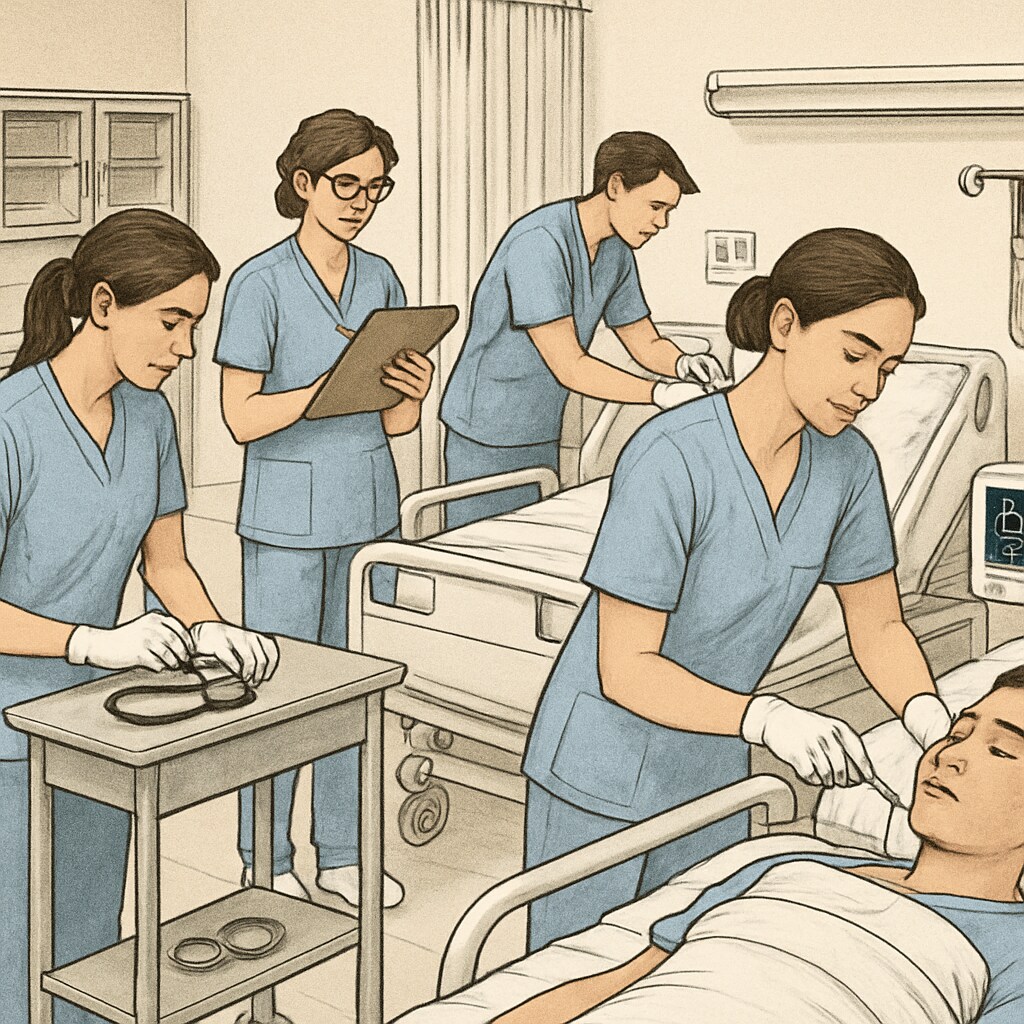 A group of nursing students practicing clinical skills in a simulated hospital environment. Nursing students practicing clinical skills in a simulated hospital.