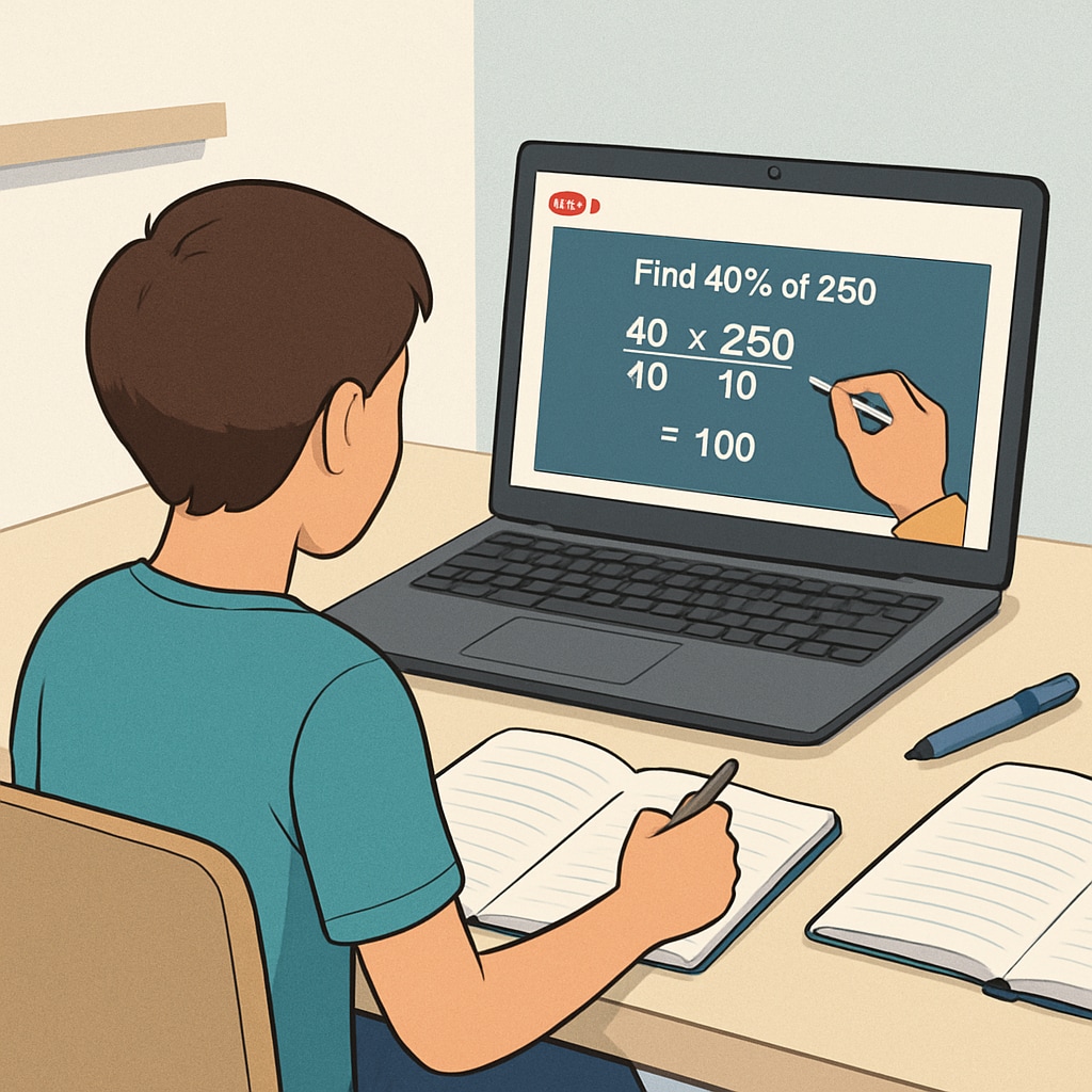 A learner solving math problems while watching a YouTube tutorial on their laptop. The tutorial screen displays a step-by-step explanation of a percentages problem. Student learning percentages through a YouTube math tutorial for campus recruitment prep.