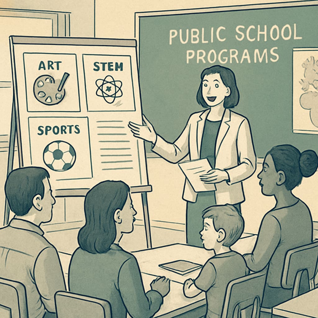 A teacher conducting a workshop with parents and students to highlight public school programs. Public school teacher leading a community workshop with parents.