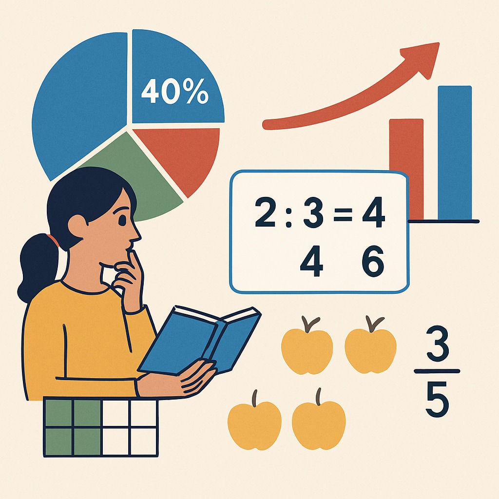 An illustration of mathematical concepts like percentages, ratios, and fractions being applied in a problem-solving scenario. A visual representation of key mathematical concepts for campus recruitment math tests.