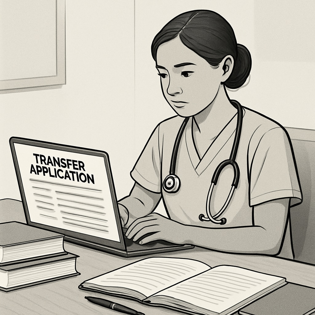 A nursing student reviewing her transfer application on a laptop. Nursing student reviewing transfer application.