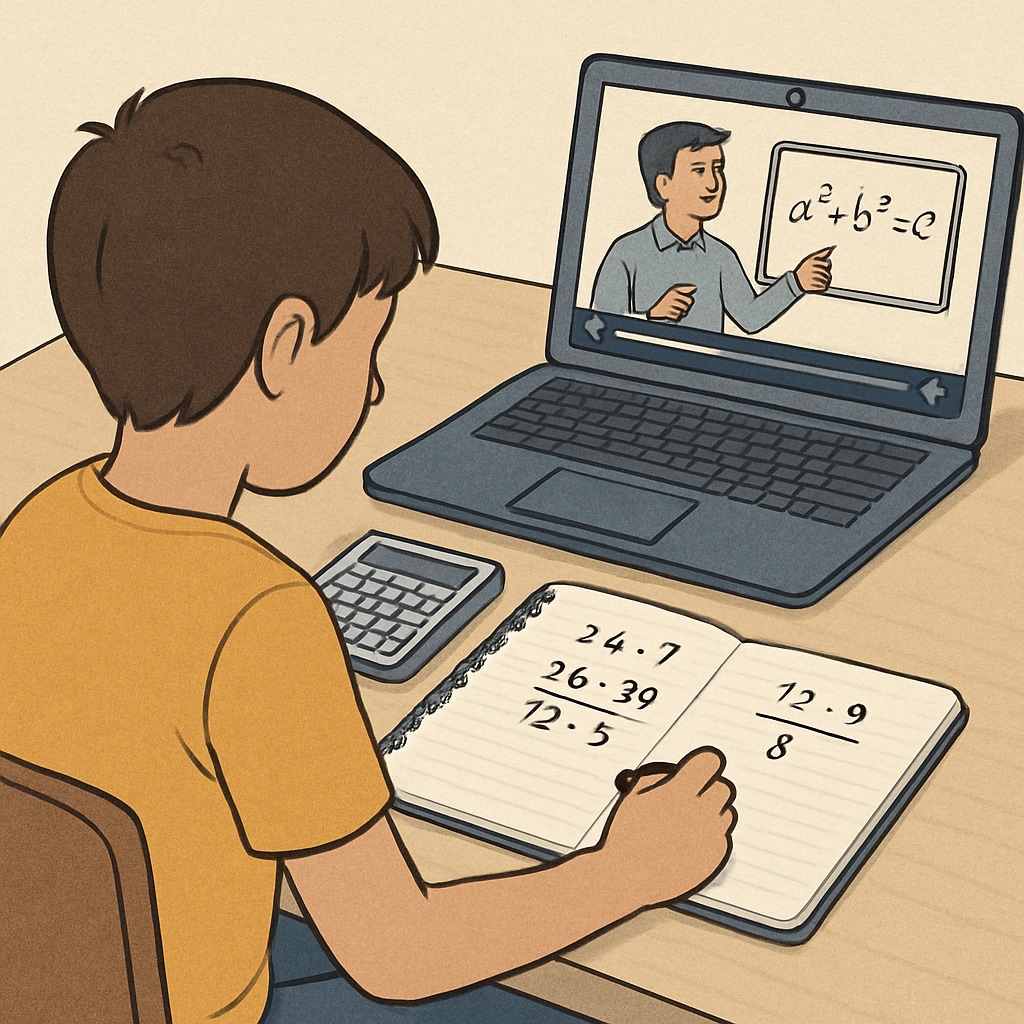 A student practicing math problems on a notebook while referring to a laptop displaying an online tutorial. A student studying for campus recruitment math tests using online resources.