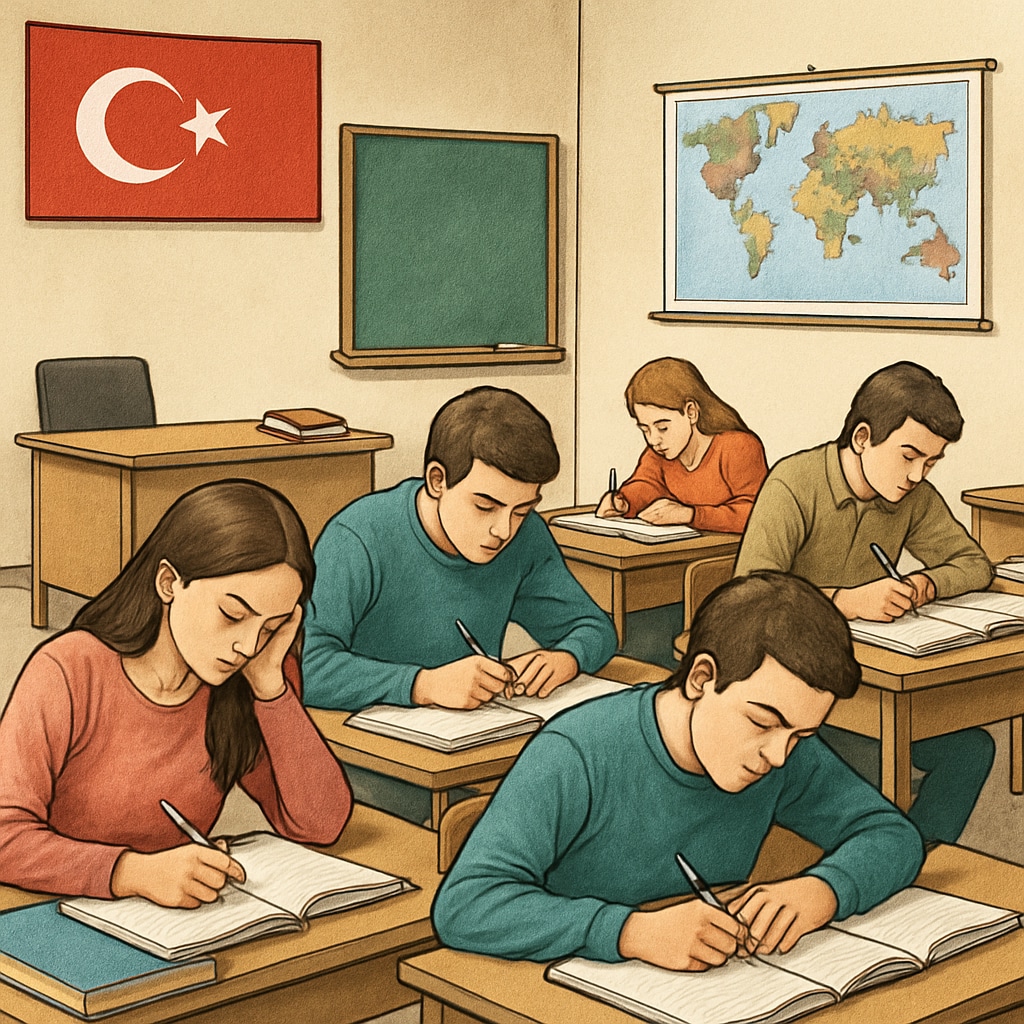A classroom in Turkey with students preparing for exams, illustrating the exam-focused education system. Turkish students preparing for exams in a classroom, highlighting exam pressure.