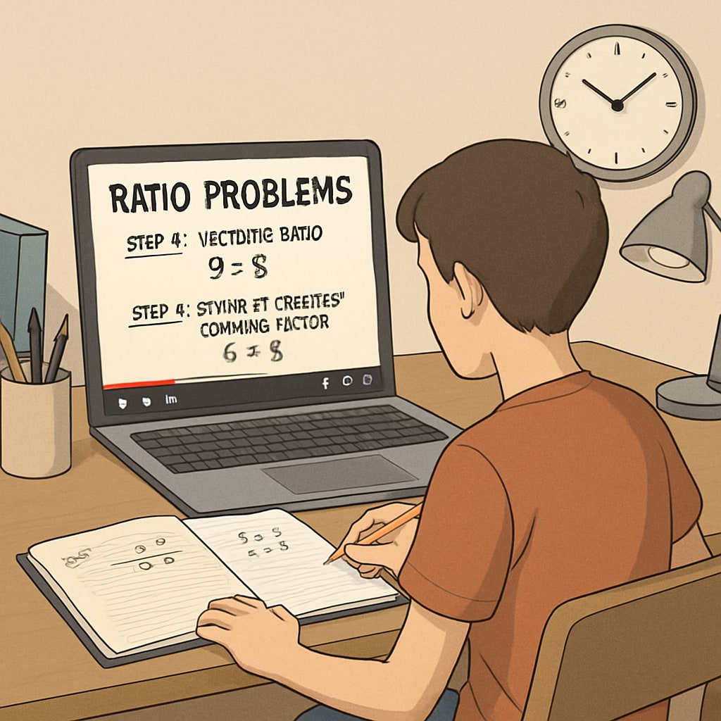 A student watching a step-by-step YouTube tutorial on solving ratio problems, seated at a study desk with a notebook and laptop. Student watching tutorial on ratios to prepare for campus recruitment math test.
