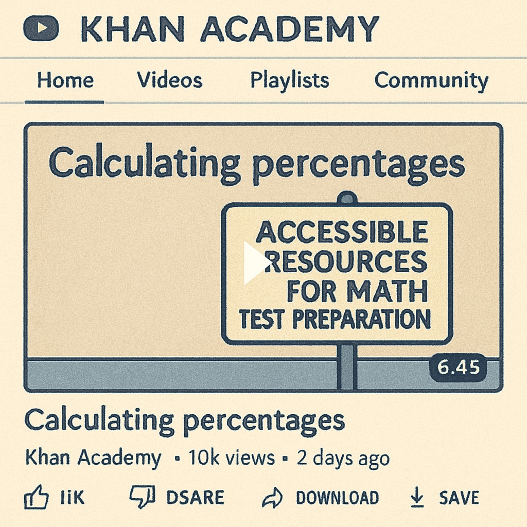 Screenshot of Khan Academy's YouTube channel showing a video on calculating percentages, highlighting accessible resources for math test preparation. Khan Academy YouTube channel with percentage calculation tutorial.