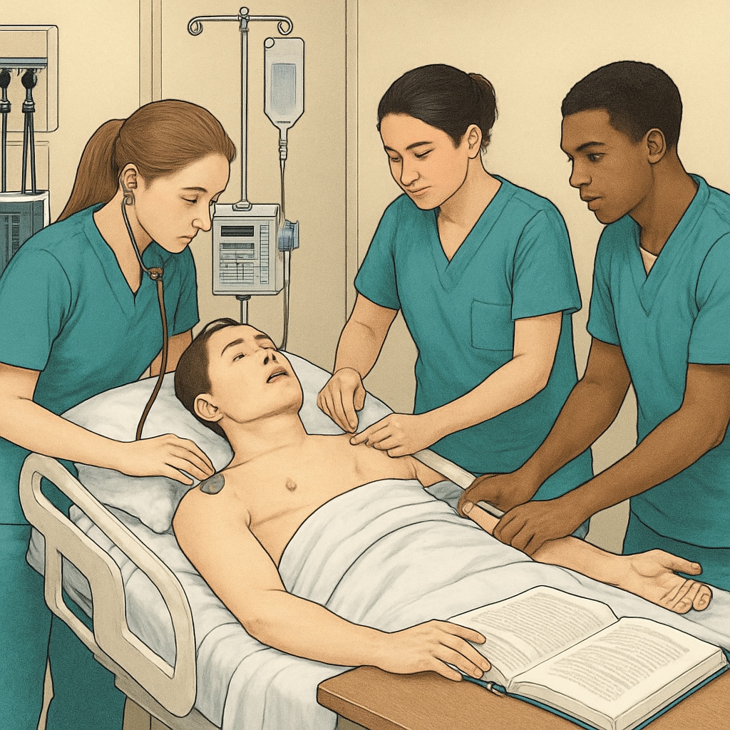 A group of nursing students working on a simulation mannequin during clinical training. Nursing students practicing on a simulation mannequin as part of their clinical training.