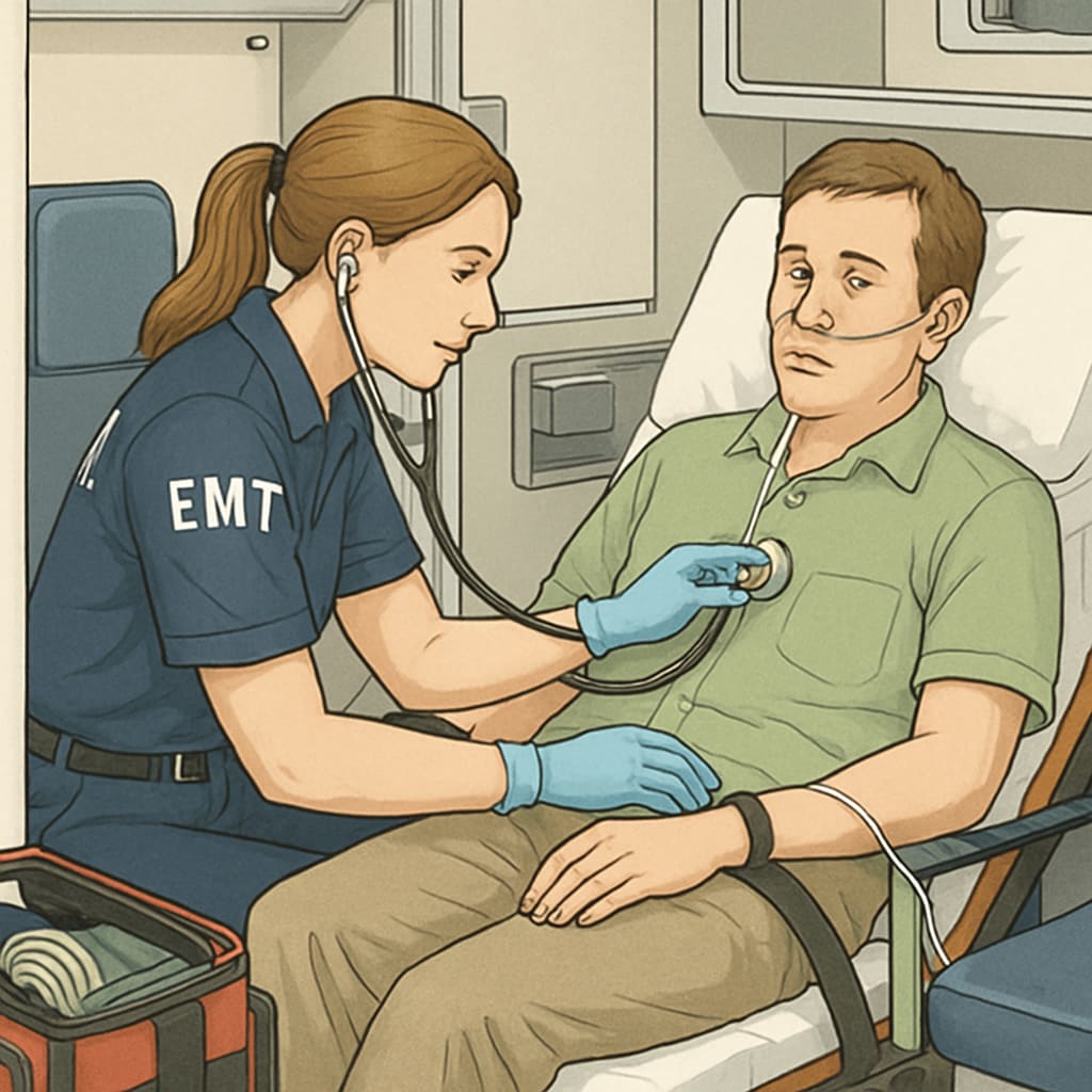 An EMT assisting a patient in the back of an ambulance, showcasing real-world healthcare experience. EMT providing care to a patient in an ambulance, highlighting practical healthcare skills.