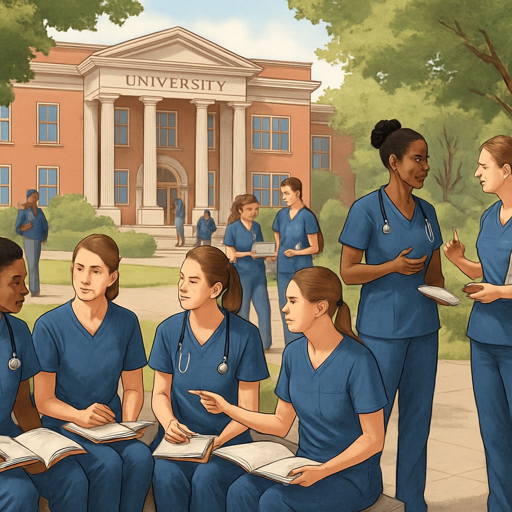 A bustling university campus with nursing students discussing coursework, representing the blend of academic focus and social interaction. Nursing students on a university campus discussing coursework and campus life.