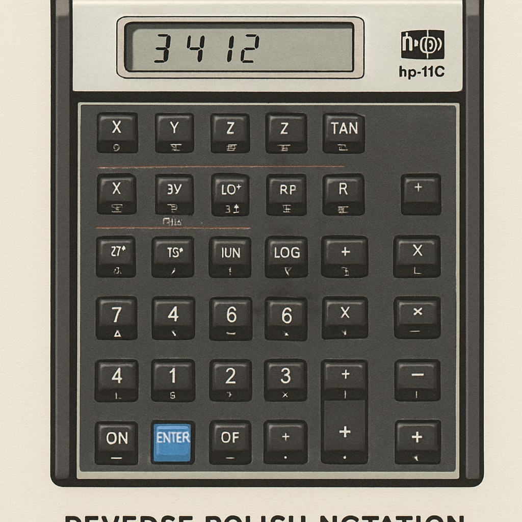 A close-up of the HP 11c calculator showcasing its unique RPN input method. HP 11c calculator with RPN input method displayed.