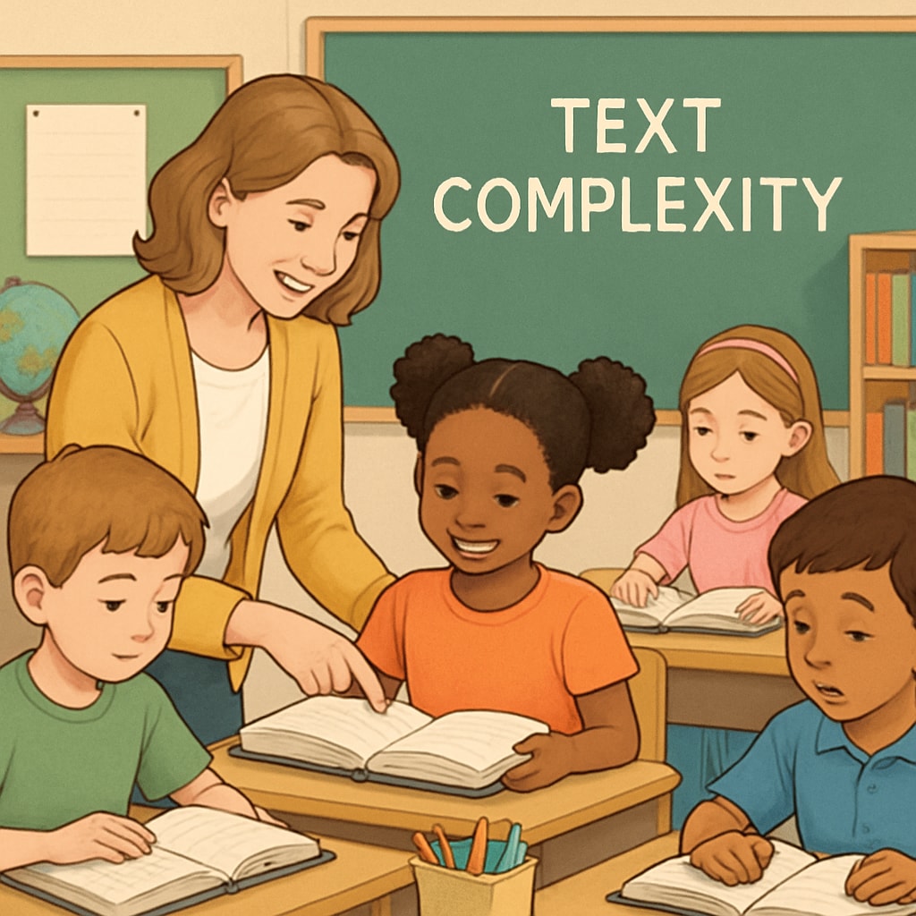 Classroom scene showing teacher and students working on reading comprehension and text analysis.