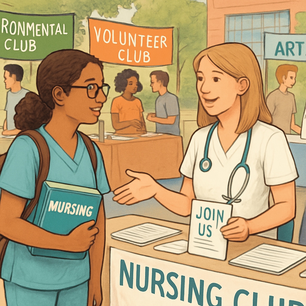A nursing student participating in a campus organization fair, surrounded by booths for various student clubs. Nursing student exploring campus organizations to balance coursework and extracurriculars.