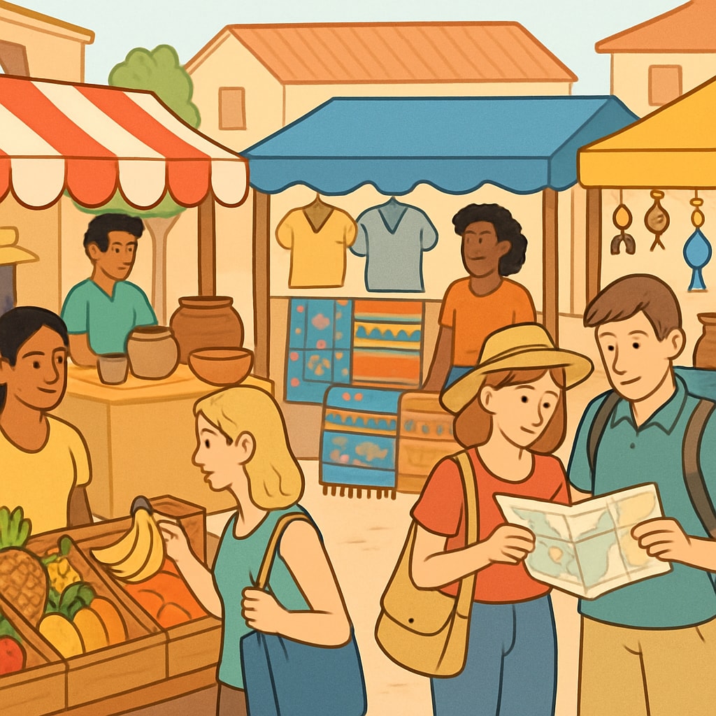 A vibrant marketplace captured in a short video, showcasing its influence on tourism choices. A marketplace featured in short videos influencing tourism decisions.