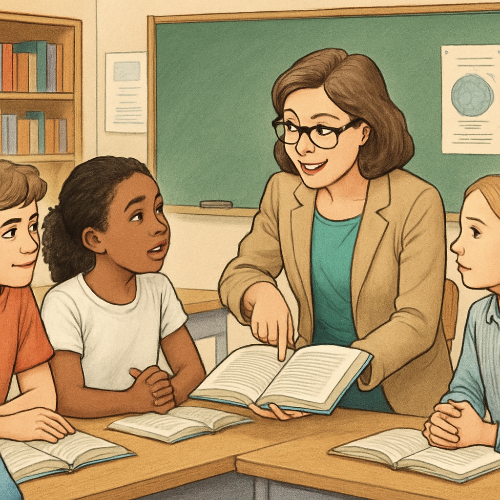 A teacher leading a group discussion on a reading passage, emphasizing comprehension and engagement. A teacher discussing reading comprehension and text complexity with students.
