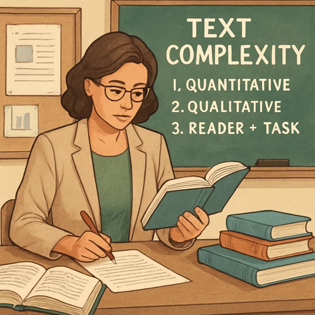 A classroom setting where a teacher is analyzing reading materials for complexity. Teacher analyzing reading materials for text complexity in a classroom environment.