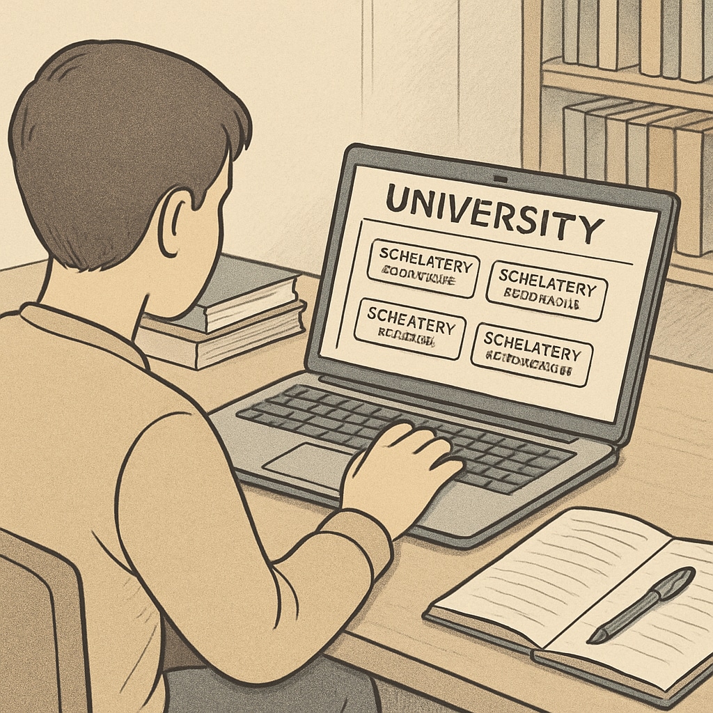 A student reviewing scholarship options on a university website. Student exploring scholarship opportunities for AS level admissions online.