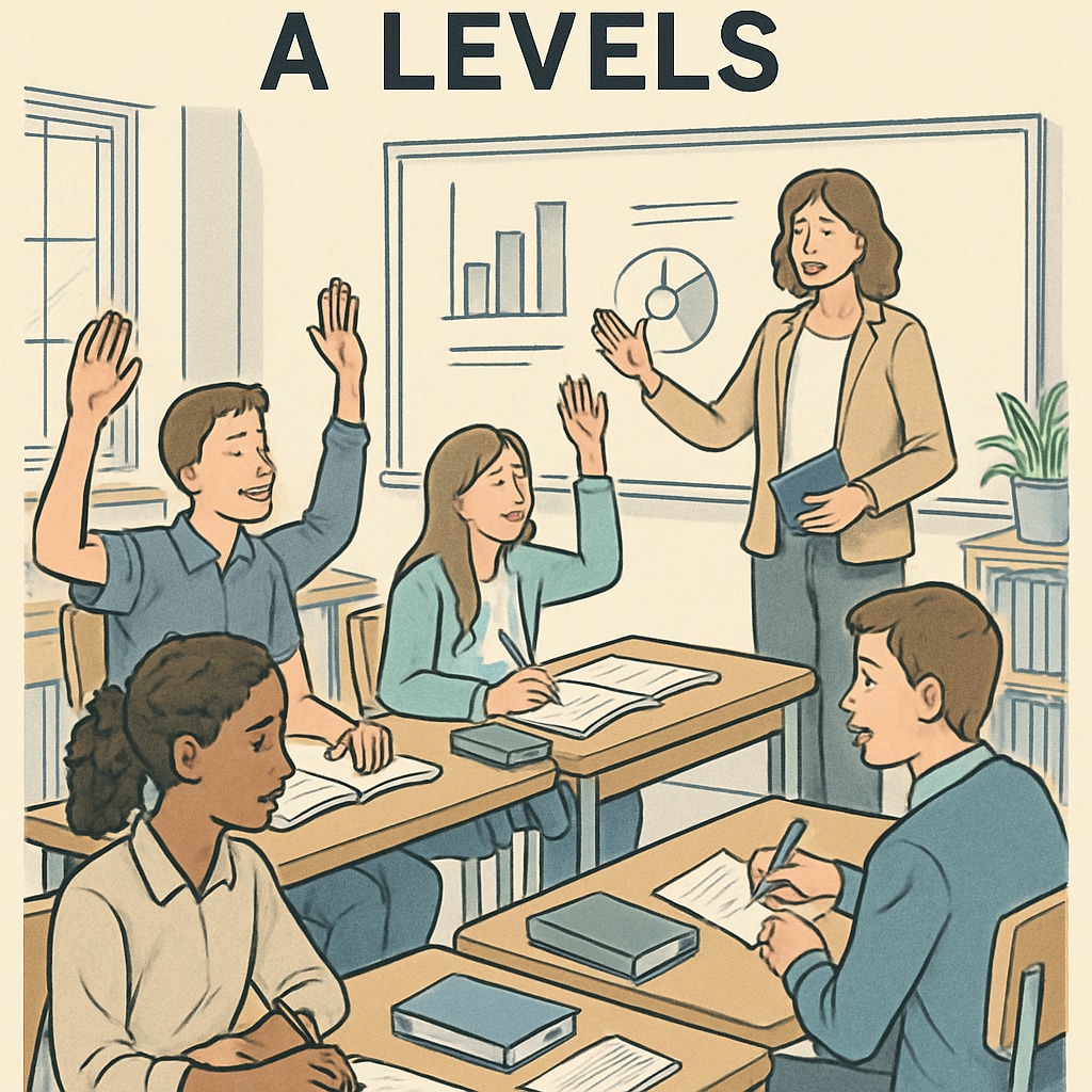 A group of UK students engaged in interactive learning during an A Levels class. UK students in a classroom, showcasing interactive and student-centered learning.