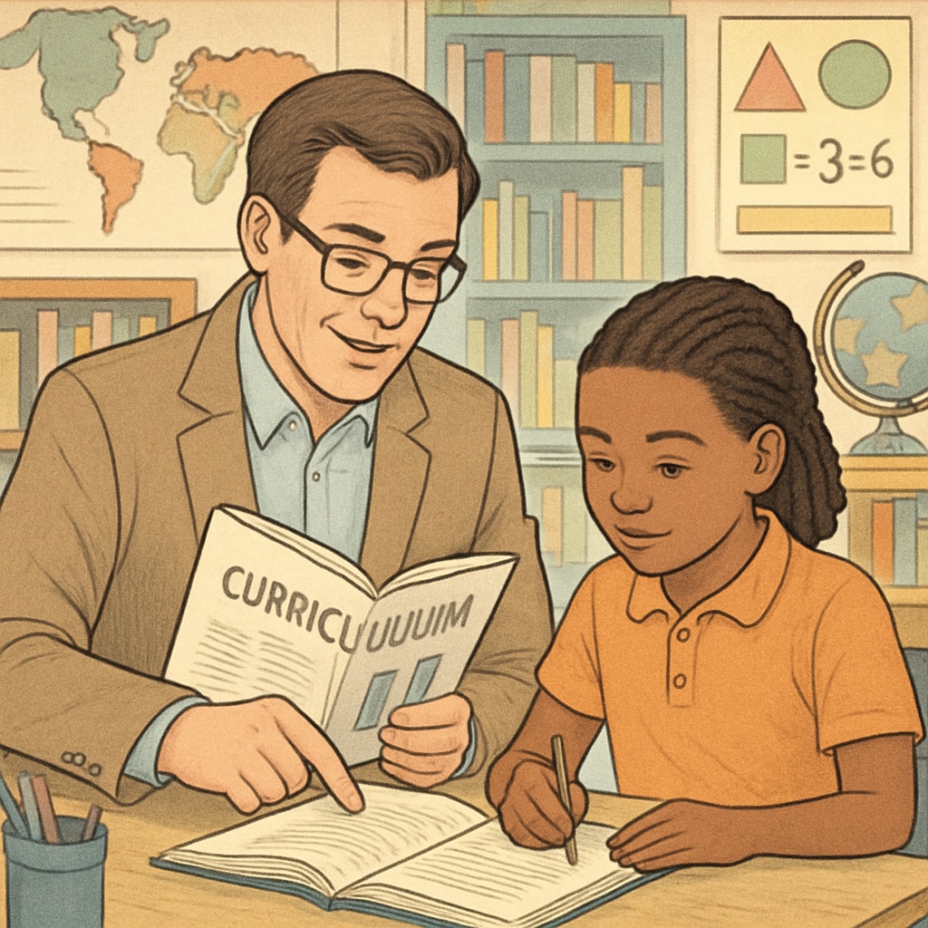 A teacher reviewing curriculum materials alongside a student in a library or classroom environment. Teacher and student evaluating educational materials for text complexity.