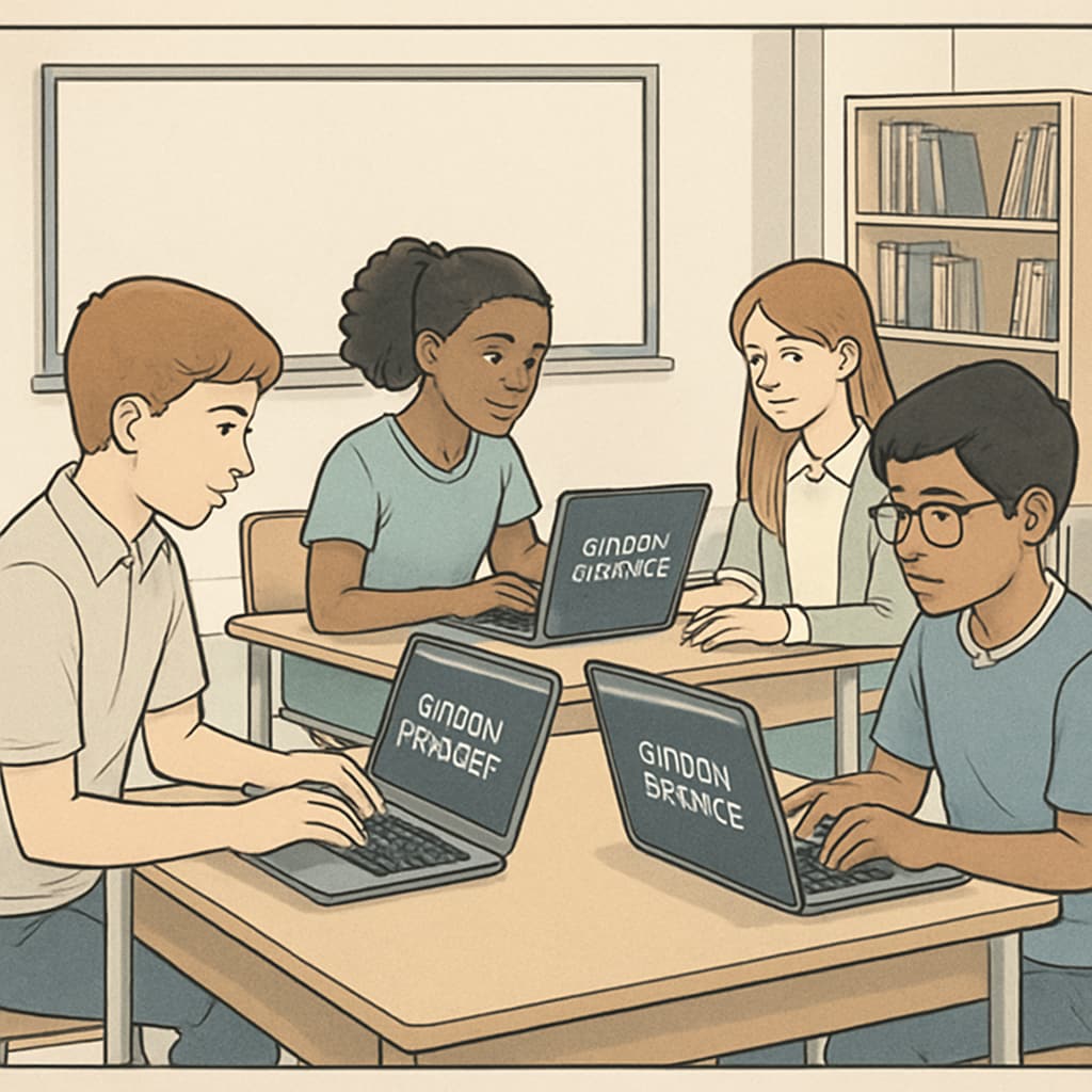 A group of students in a classroom using laptops to contribute to a Zooniverse citizen science project. Students using laptops for Zooniverse citizen science projects in a classroom setting.