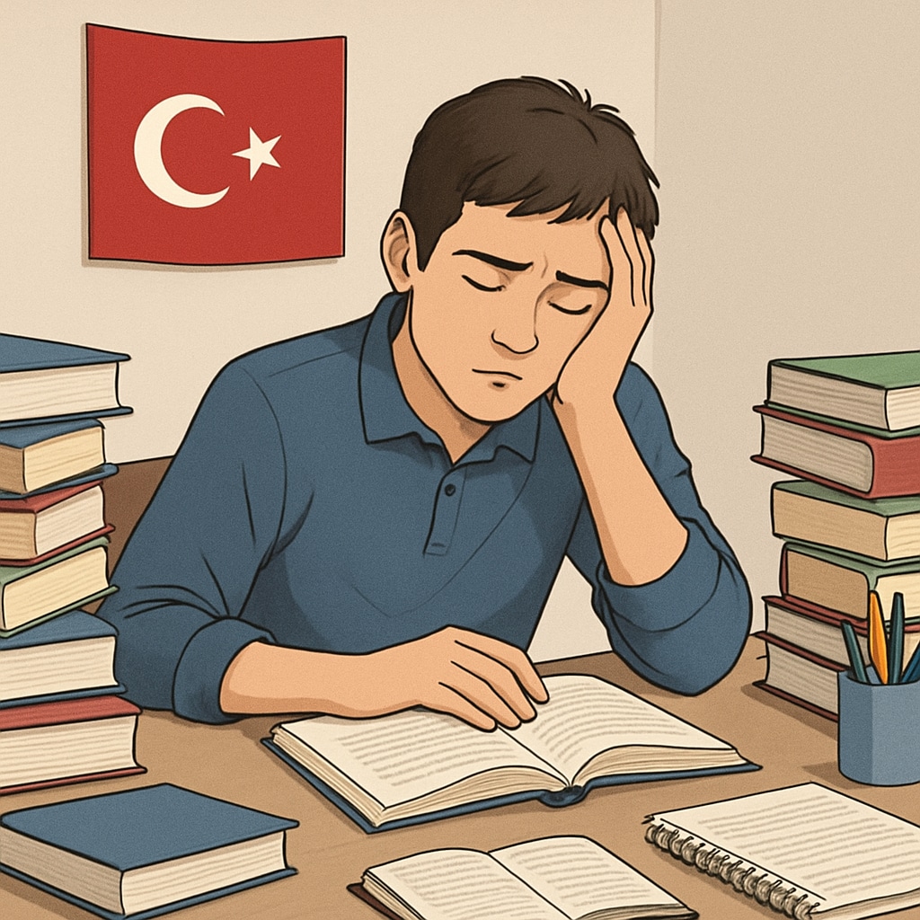 A Turkish student struggling with exam pressure, representing the challenges of centralized tests.