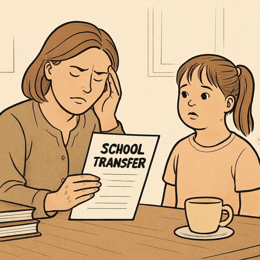 A frustrated mother holding official school transfer documents while her daughter with special needs looks on. A mother and her special needs child struggling with school transfer paperwork.