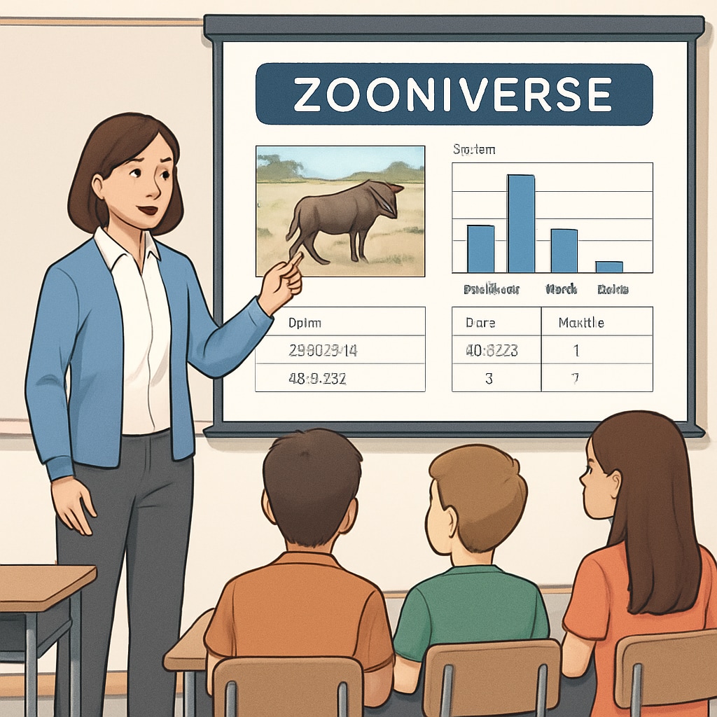 A teacher explaining a Zooniverse project to students in a classroom, with a large screen displaying project data. Teacher discussing Zooniverse project with students using visual aids.
