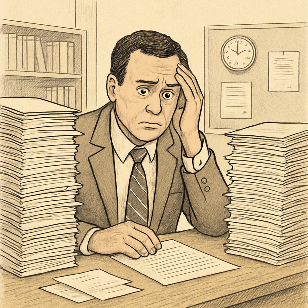 A school administrator looking overwhelmed with a pile of paperwork, symbolizing systemic inefficiency. A school official surrounded by paperwork, representing the inefficiency of the school transfer process.
