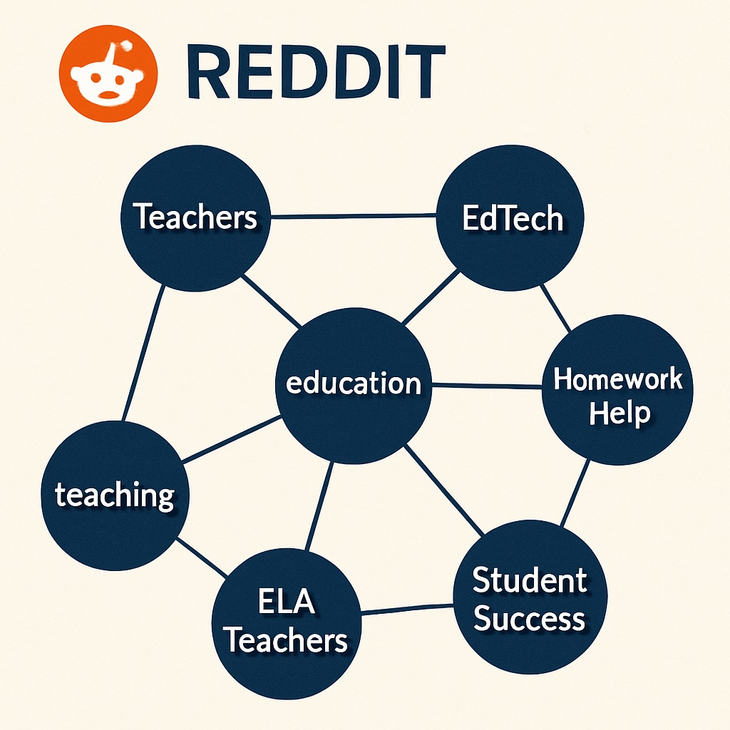A graphic showing Reddit’s subreddits connected in a network, with labels such as Visual representation of Reddit education subreddits network.