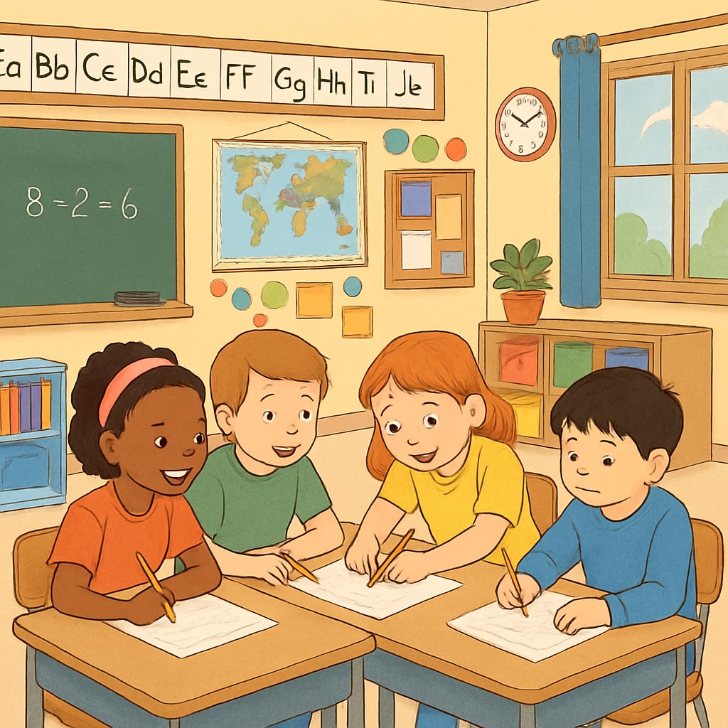 A vibrant elementary school classroom with children working collaboratively at desks, showcasing an engaging learning environment. Public school evaluation standards demonstrated through an engaging classroom environment.