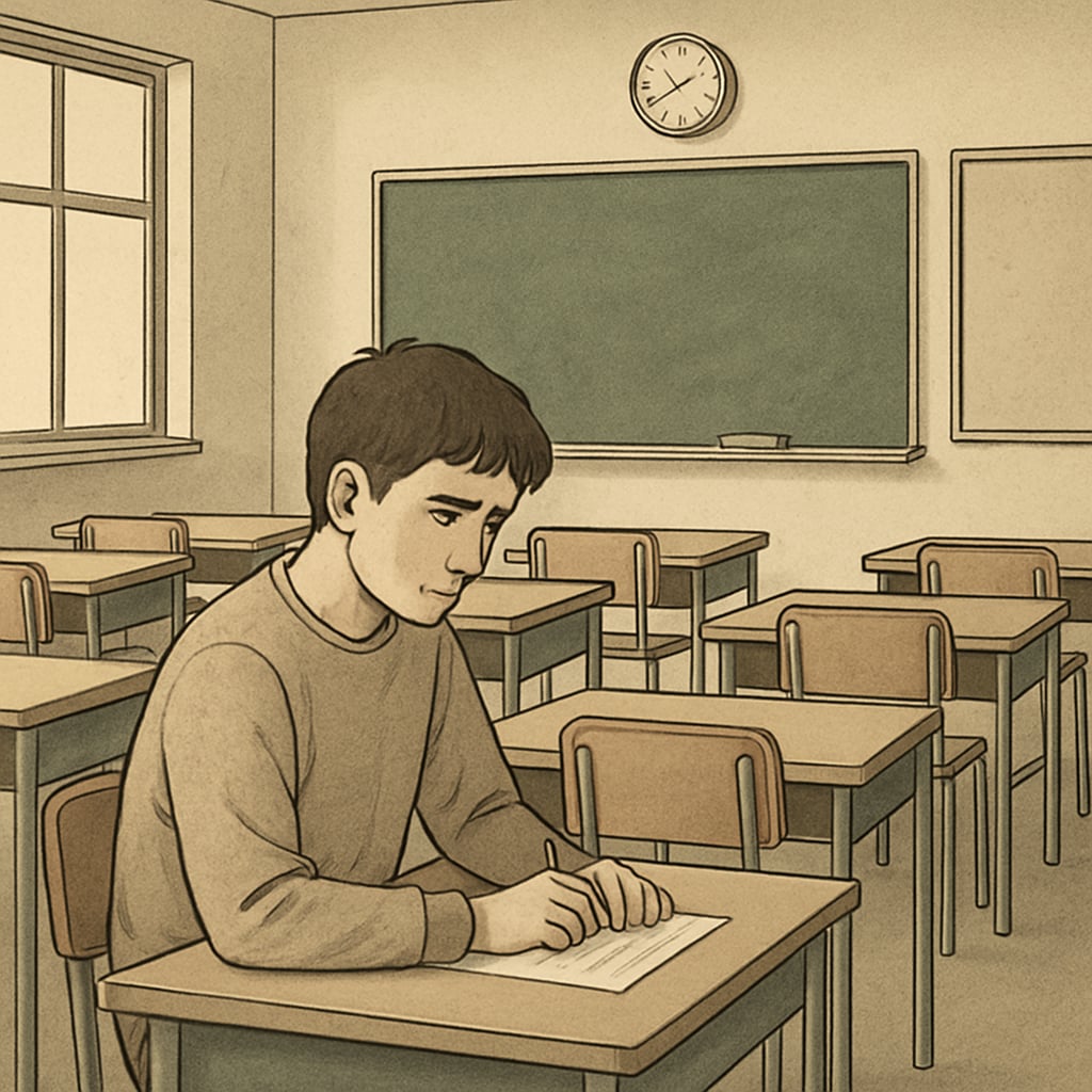A photo of a student sitting alone in an empty classroom, symbolizing isolation and the impact of education gaps caused by administrative barriers. A student sitting alone in an empty classroom, highlighting isolation due to school transfer delays.