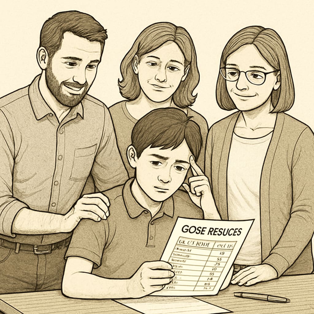 A student reviewing GCSE results with family support, reflecting on academic disappointment and career prospects.