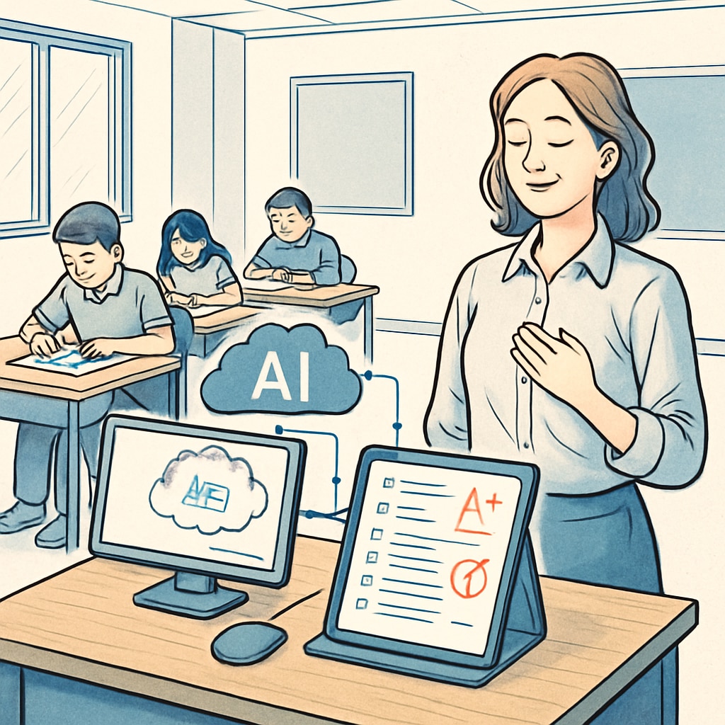 An AI system automating the grading process in a classroom setting, showing reduced workloads for teachers. AI system automating grading to reduce teachers' administrative workload.