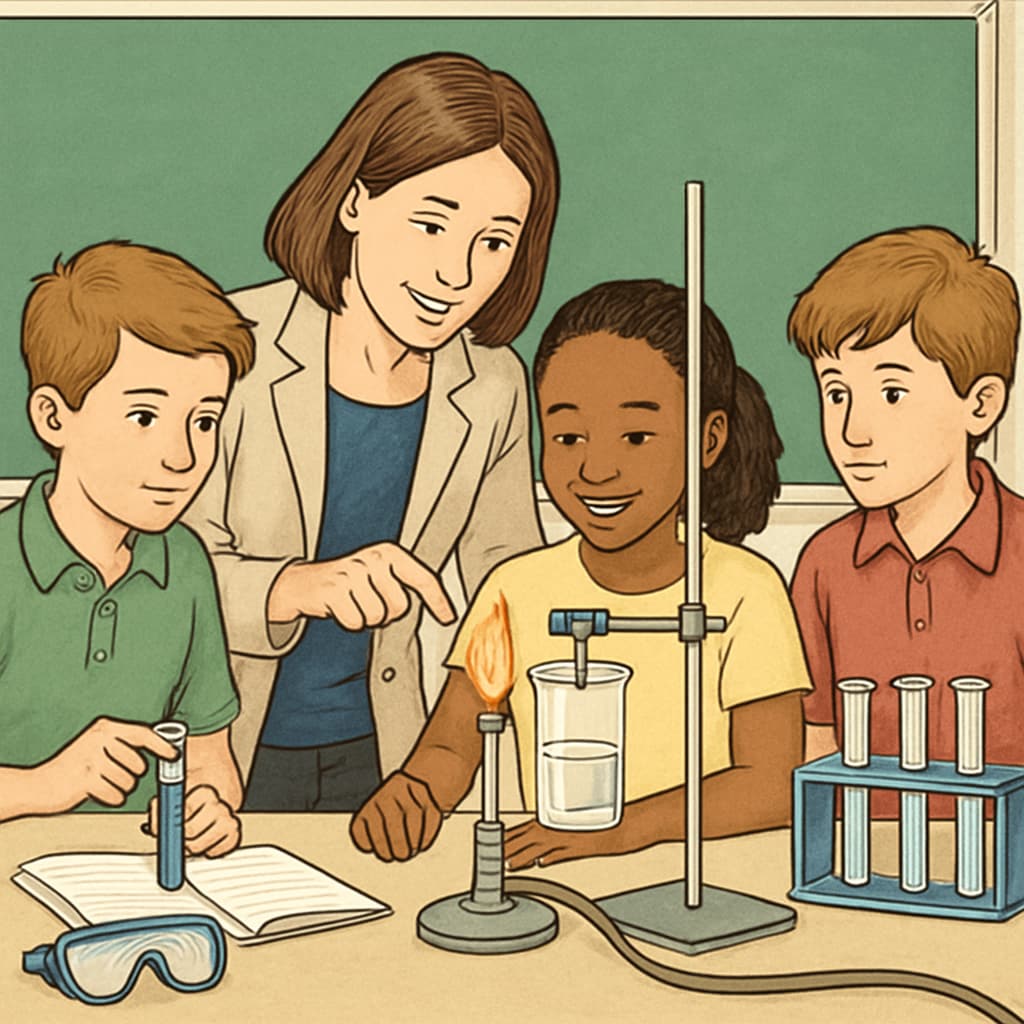 A teacher guiding students through a science experiment, showcasing hands-on learning and student engagement. Public school evaluation standards illustrated with hands-on science activities.