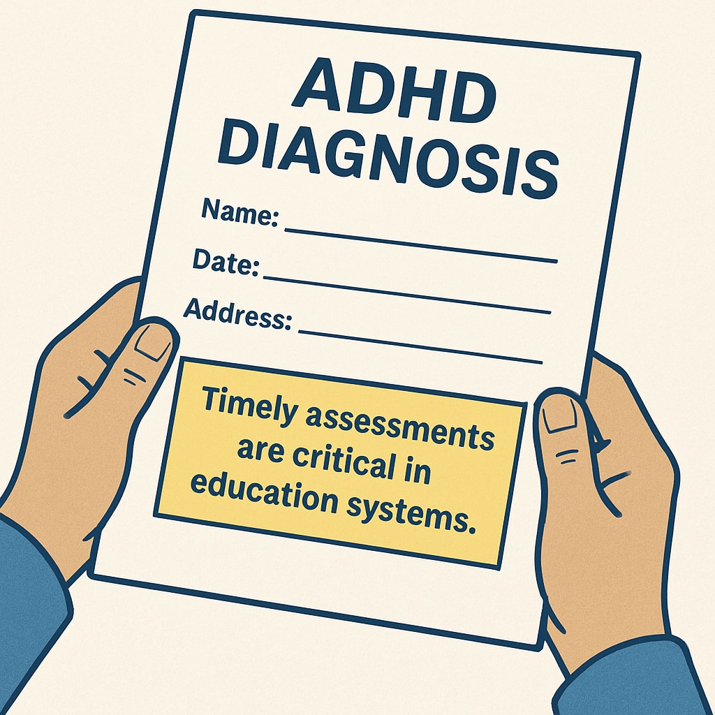 A close-up photo of hands holding an ADHD diagnosis form, underlining the importance of timely assessments in education systems. Hands holding an ADHD diagnosis form, emphasizing the need for timely support in school transfer cases.