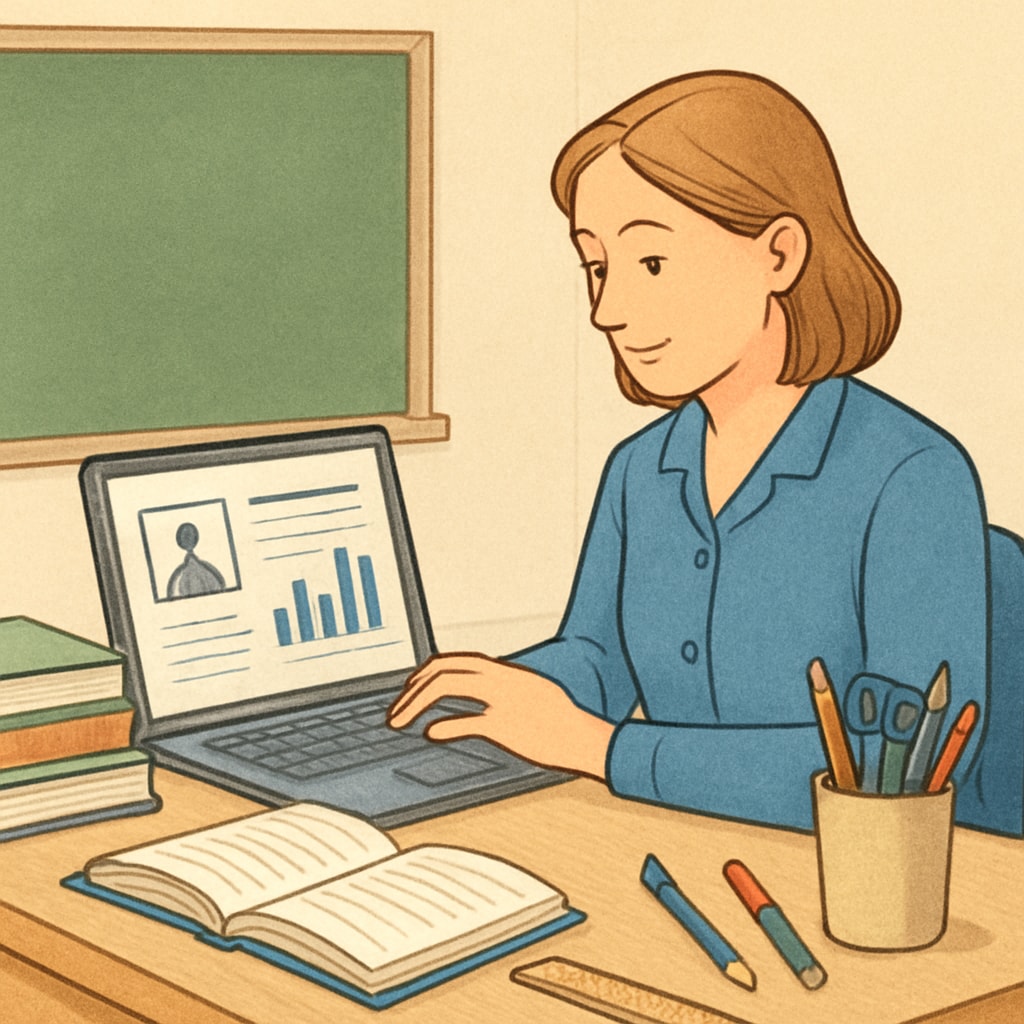 A teacher reviewing AI-generated reports on a laptop, highlighting the role of technology in education. Teacher analyzing AI-generated reports for educational insights.