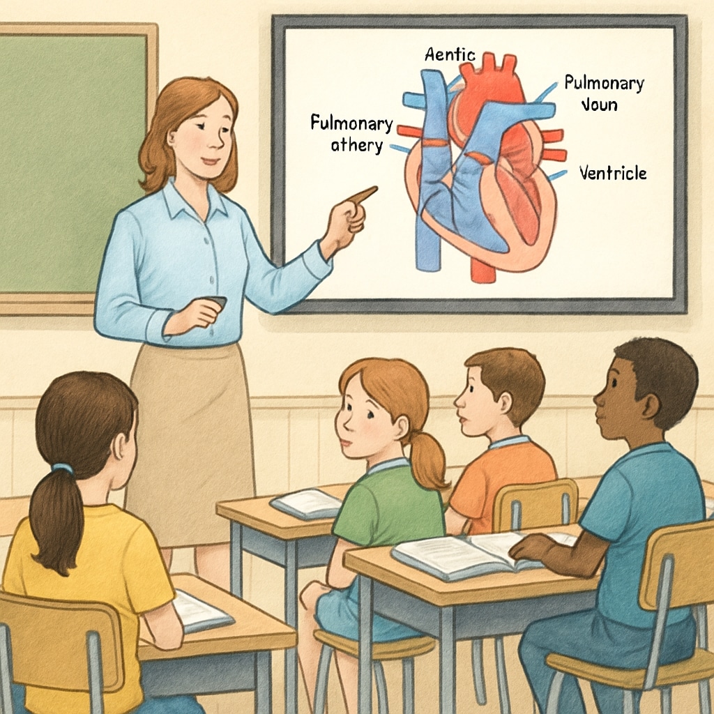 A teacher engaging K12 students in a classroom setting with a medical diagram displayed on a screen. Medical education for K12 students in a classroom setting.